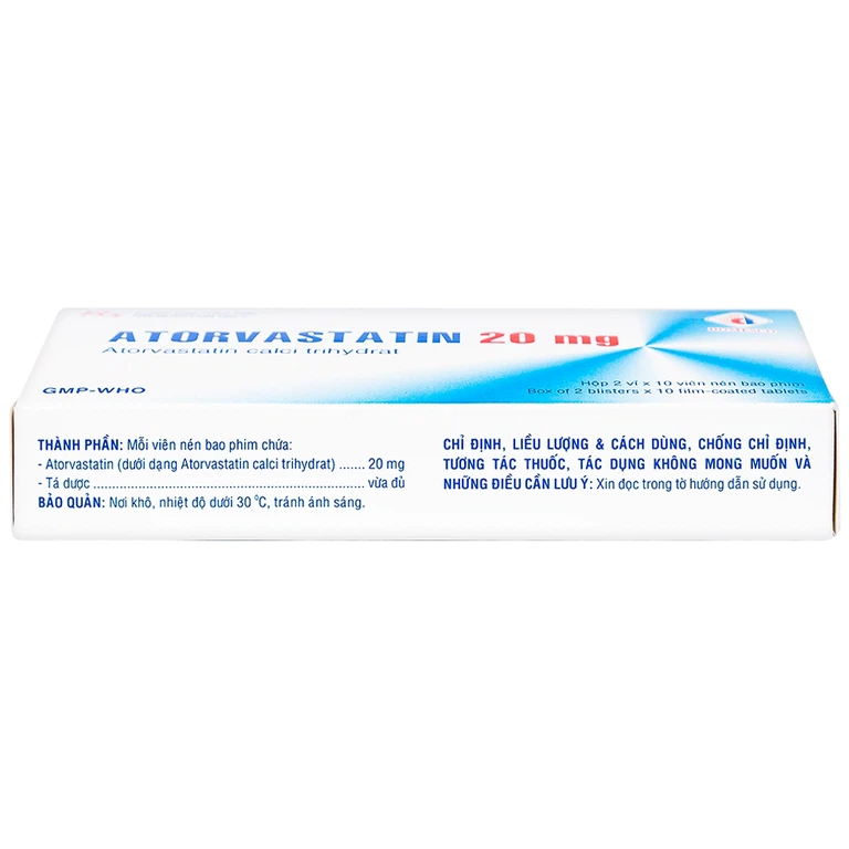 Thuốc Atorvastatin 20mg Domesco điều trị tăng lipid huyết, phòng ngừa bệnh tim mạch (2 vỉ x 10 viên)