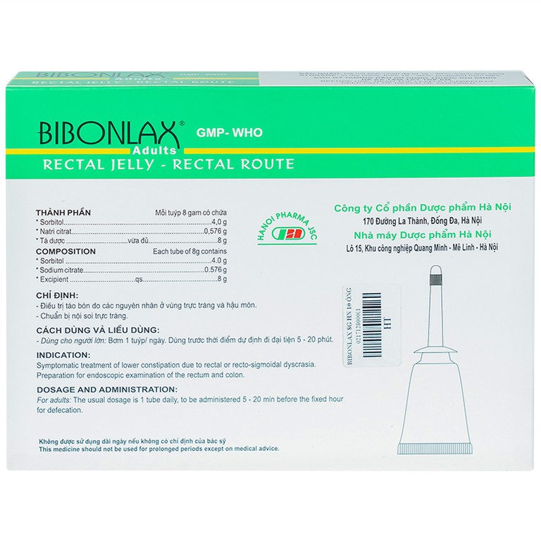Gel dùng đường trực tràng Bibonlax Adults Hanoi Pharma điều trị táo bón (10 ống x 8g)