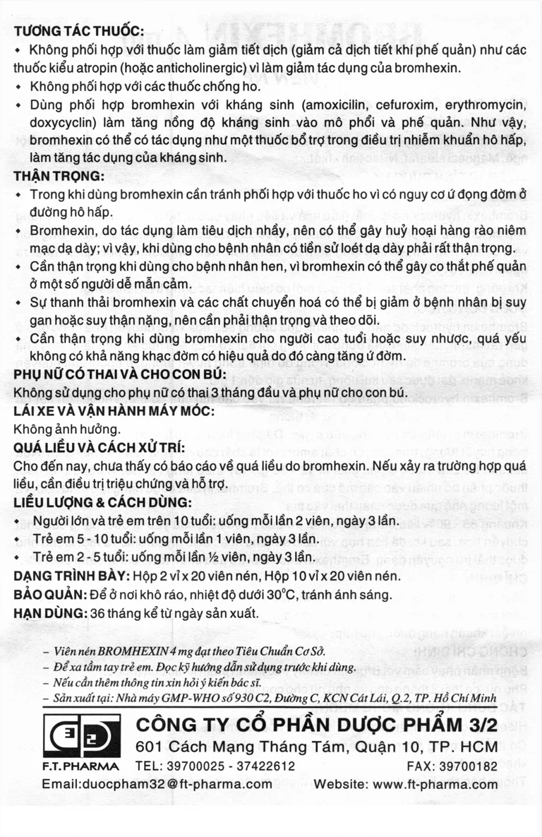Thuốc Bromhexin 4mg Dược 3-2 tan đàm trong viêm khí phế quản, viêm phế quản mạn tính (10 vỉ x 20 viên)