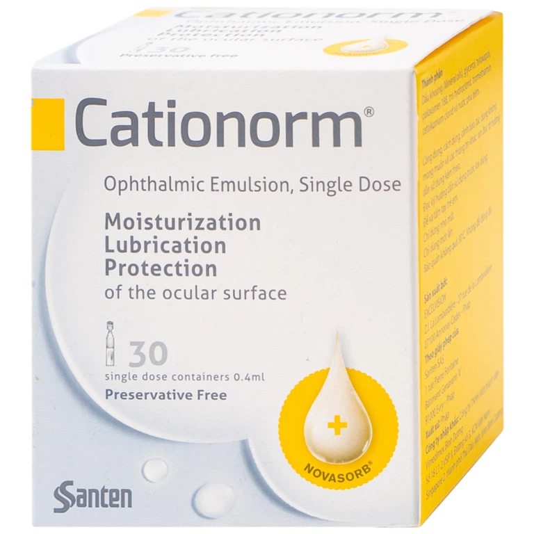 Nhũ tương nhỏ mắt Cationorm Santen dưỡng ẩm, bôi trơn, bảo vệ bề mặt mắt (30 ống x 0,4ml) 