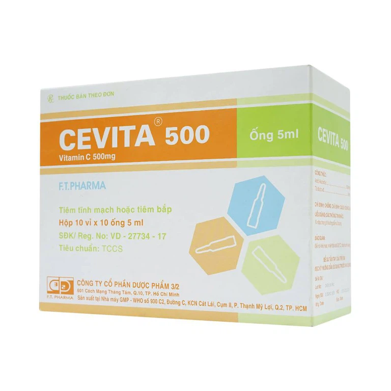 Thuốc tiêm Cevita 500 F.T Pharma điều trị thiếu Vitamin C (10 vỉ x 10 ống x 5ml)