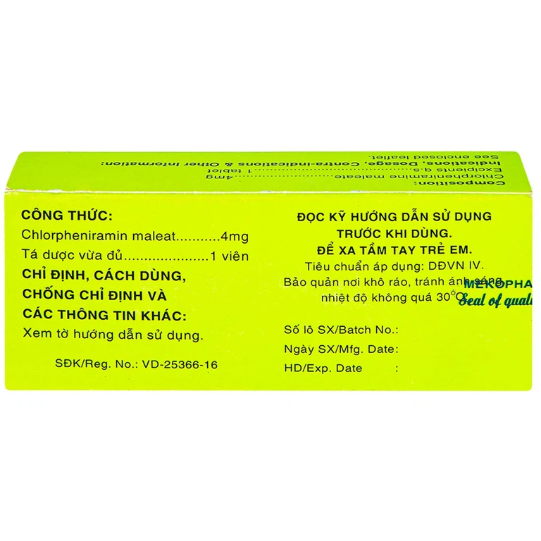 Thuốc Chlorpheniramine 4mg Mekophar điều trị viêm mũi dị ứng mùa và quanh năm (5 vỉ x 20 viên)
