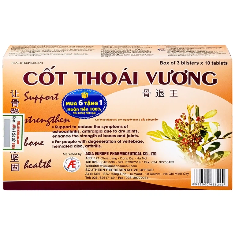 Viên uống Cốt Thoái Vương Á Âu hỗ trợ giảm triệu chứng viêm thoái hóa khớp (3 vỉ x 10 viên)