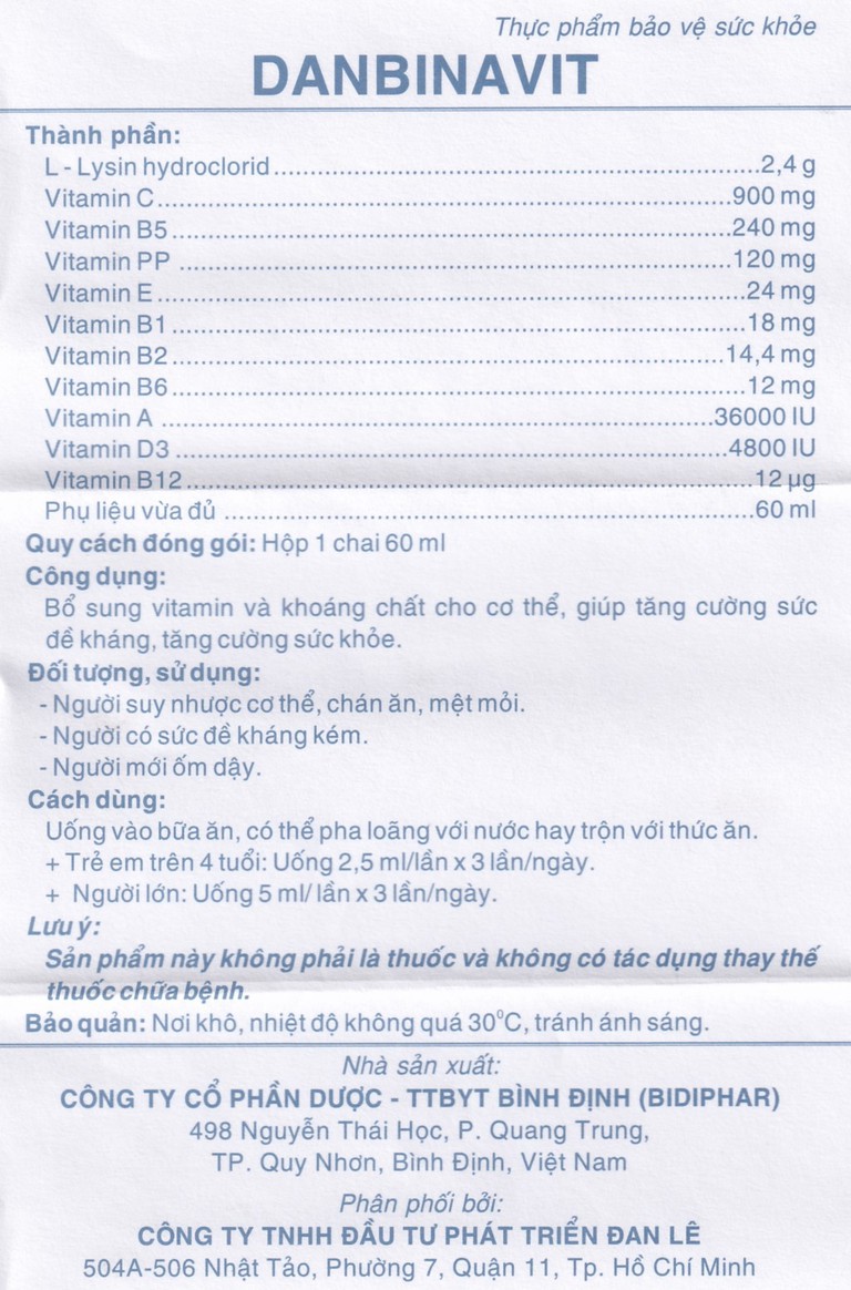 Dung dịch uống Danbinavit Bidiphar bổ sung vitamin và khoáng chất cho cơ thể (60ml)