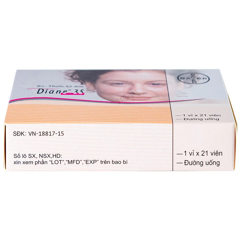Thuốc Diane 35 Bayer điều trị mụn trứng cá mức độ vừa đến nặng và tác dụng tránh thai hormon (1 vỉ x 21 viên)