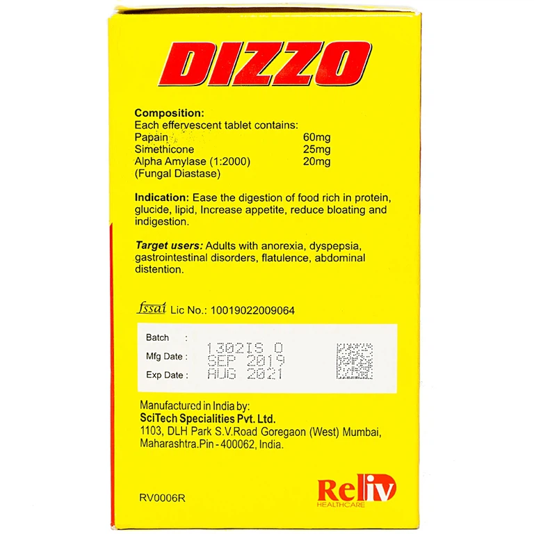 Viên sủi Dizzo Reliv hỗ trợ tiêu hóa, giảm triệu chứng đầy hơi, ợ hơi, khó tiêu (12 vỉ x 4 viên)