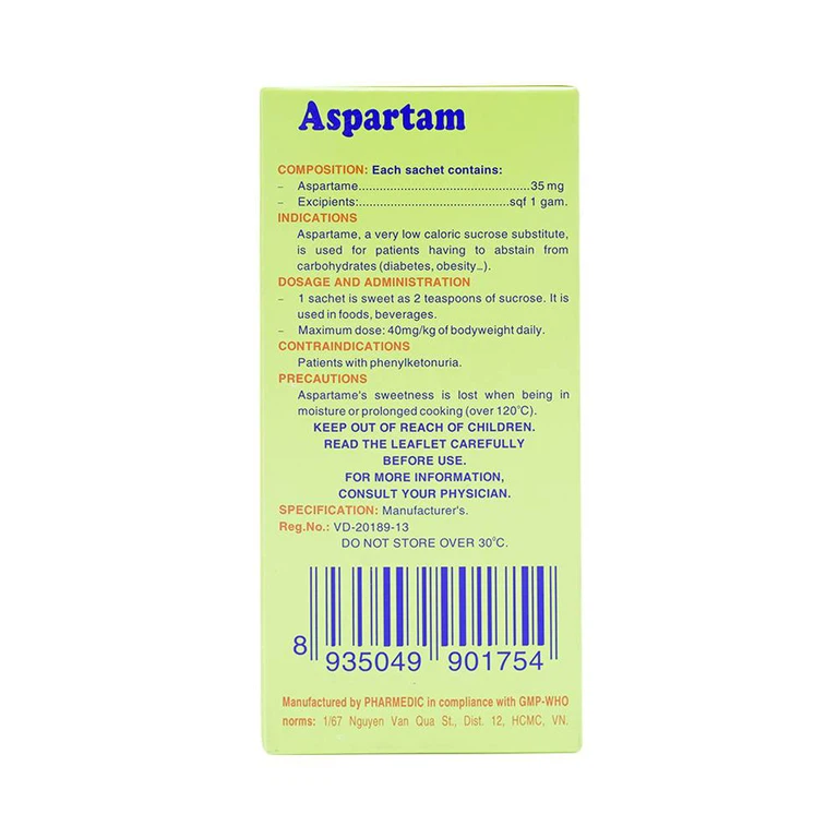 Thuốc bột Aspartam Pharmedic tạo vi ngọt ít năng lượng dành cho người béo phì, tiểu đường (50 gói x 1g)