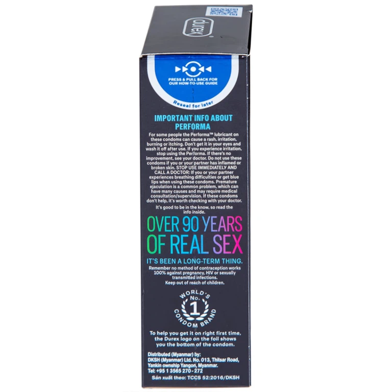 Bao cao su Durex Performa có gel bôi trơn, kéo thời điểm cực khoái trong lúc quan hệ (12 cái)