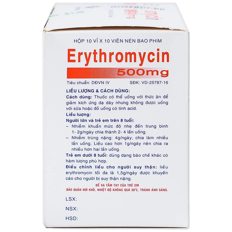 Thuốc Erythromycin 500mg Vidipha điều trị nhiễm khuẩn (10 vỉ x 10 viên)