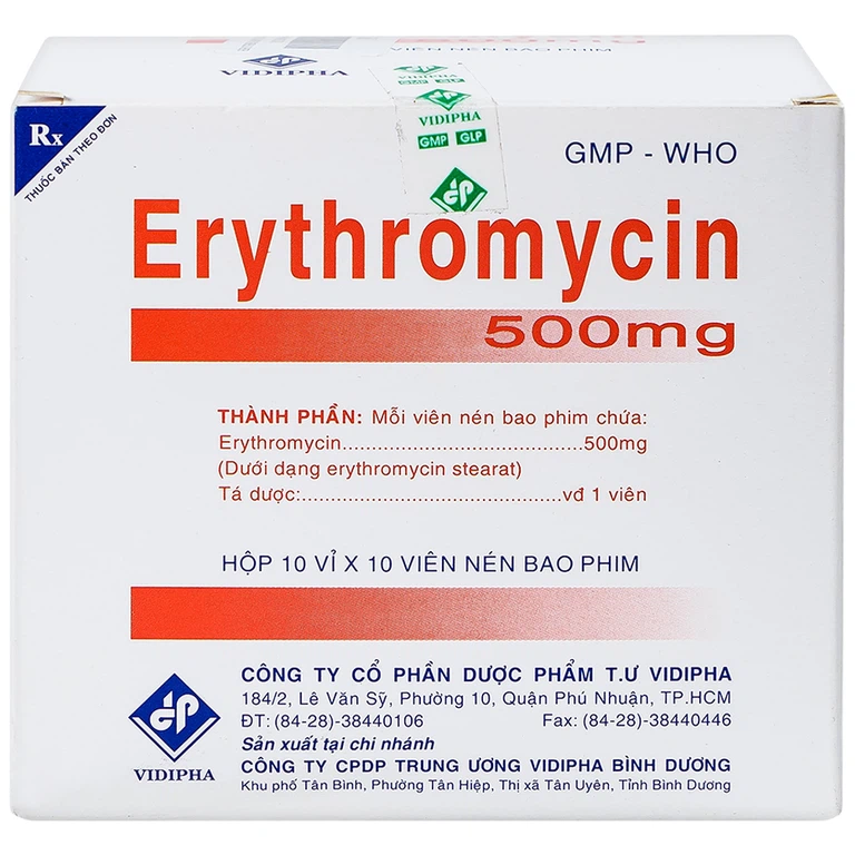 Thuốc Erythromycin 500mg Vidipha điều trị nhiễm khuẩn (10 vỉ x 10 viên)