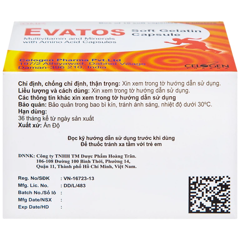 Thuốc Evatos Celogen Pharma bổ sung Vitamin, chất khoáng và một số acid amin (6 vỉ x 10 viên)