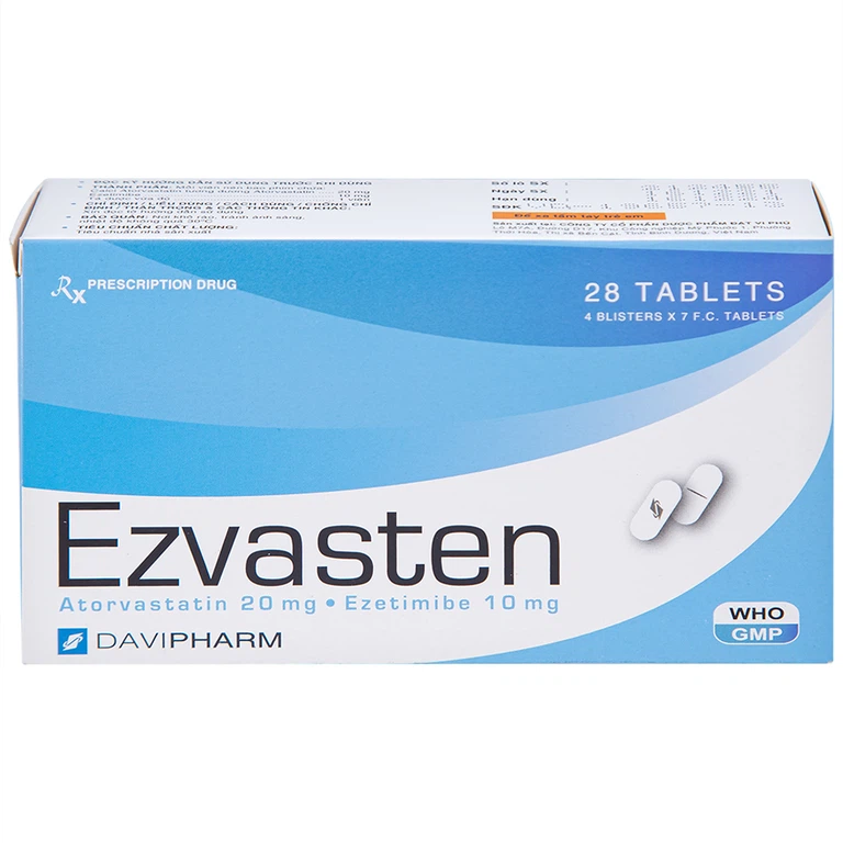 Thuốc Ezvasten Davipharm điều trị tăng cholesterol máu nguyên phát (4 vỉ x 7 viên)