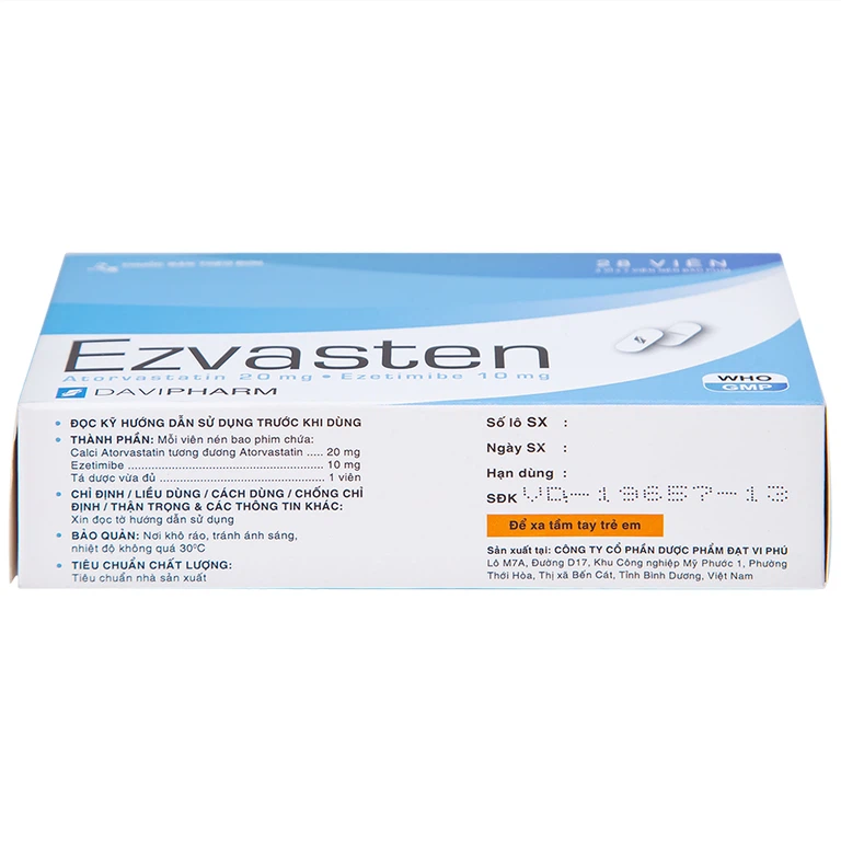 Thuốc Ezvasten Davipharm điều trị tăng cholesterol máu nguyên phát (4 vỉ x 7 viên)