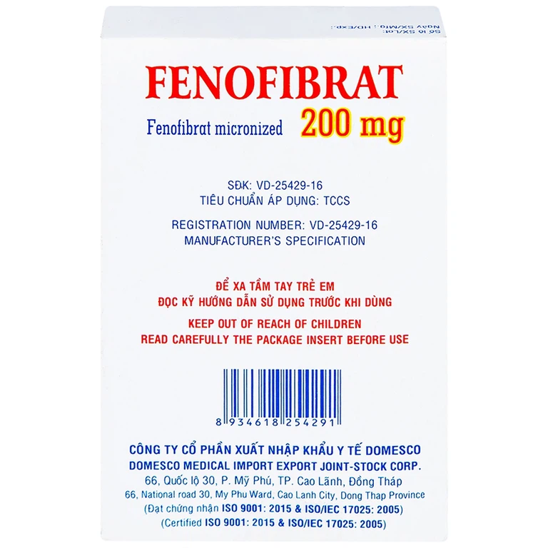 Thuốc Fenofibrate 200mg Domesco điều trị rối loạn lipoprotein huyết (3 vỉ x 10 viên)