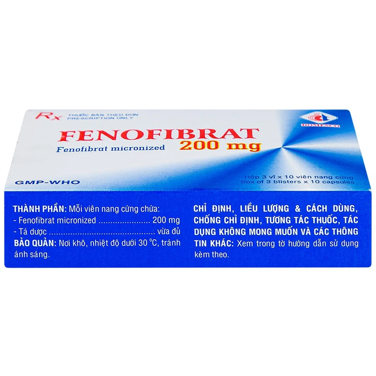 Thuốc Fenofibrate 200mg Domesco điều trị rối loạn lipoprotein huyết (3 vỉ x 10 viên)