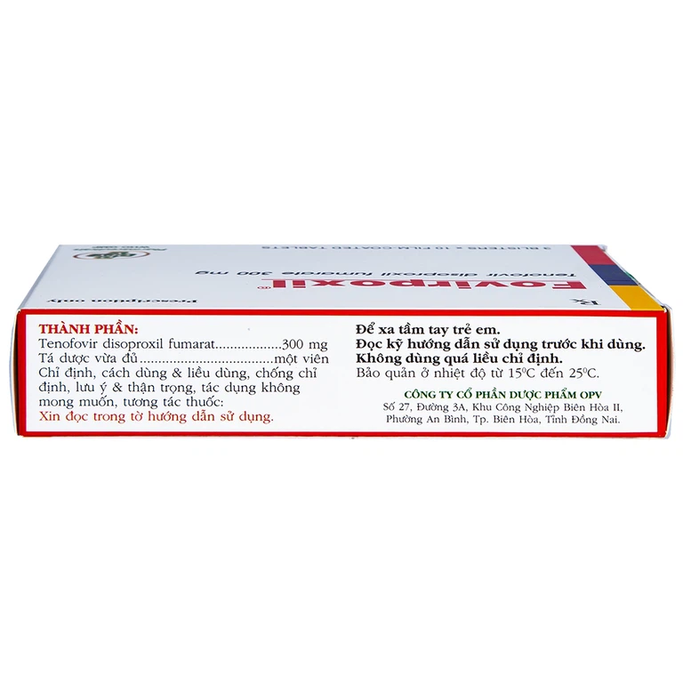Thuốc Fovirpoxil 300mg OPV điều trị HIV-1, viêm gan B ở người lớn (3 vỉ x 10 viên)