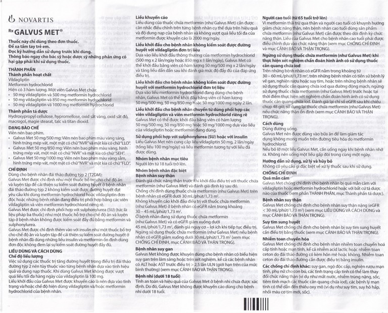 Thuốc Galvus Met 50mg/500mg Novartis điều trị đái tháo đường típ 2 (6 vỉ x 10 viên)