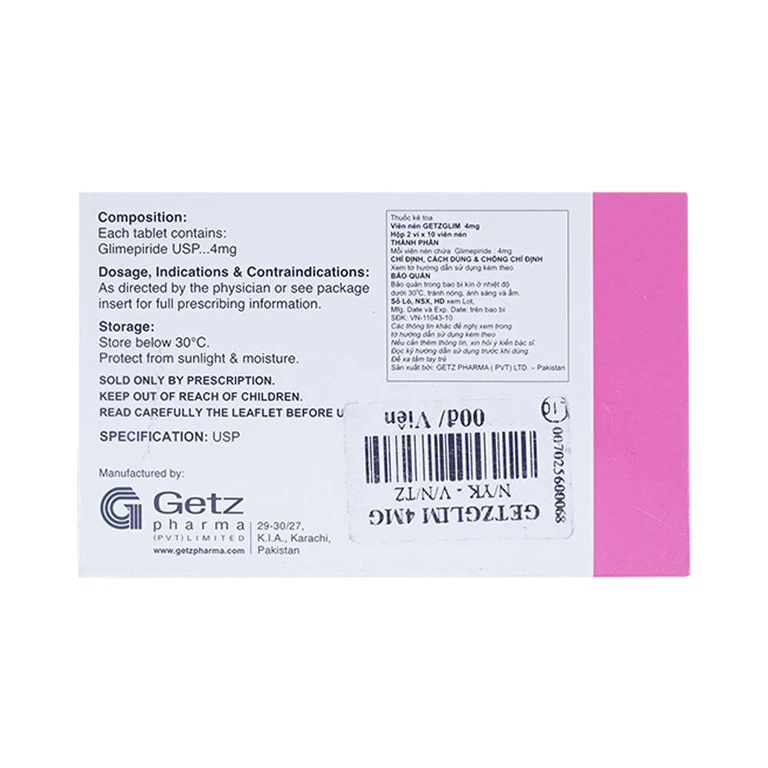 Thuốc Getzglim 4mg Getz hỗ trợ điều trị đái tháo đường tuýp 2 (2 vỉ x 10 viên)