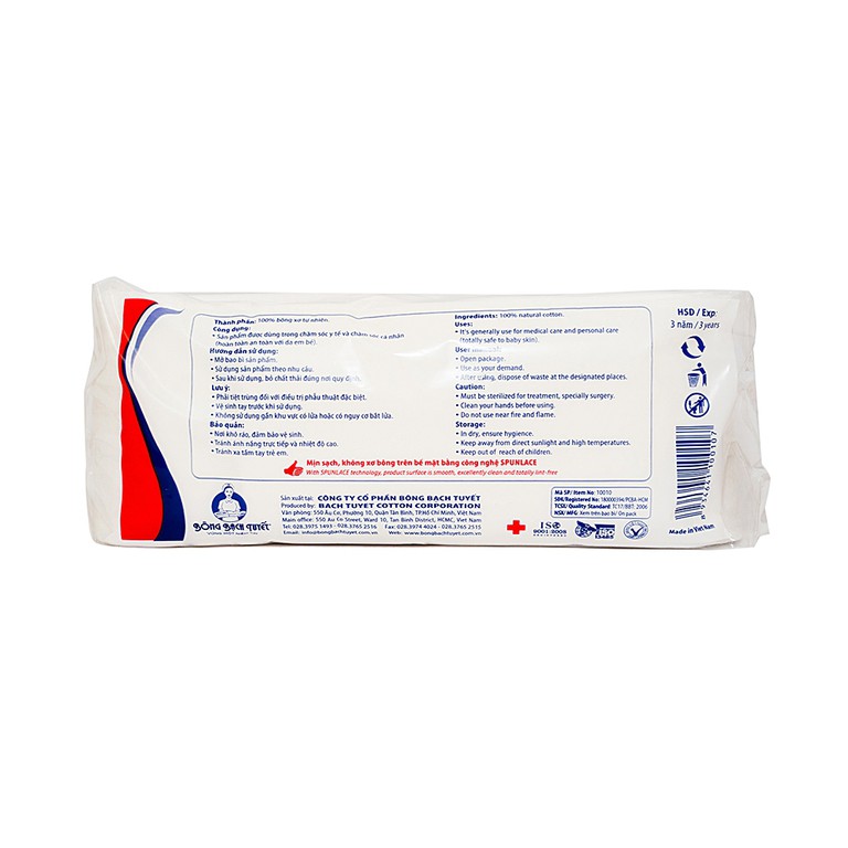Bông y tế thấm nước Bạch Tuyết 100g dùng trong chăm sóc cá nhân và y tế (50 gói)