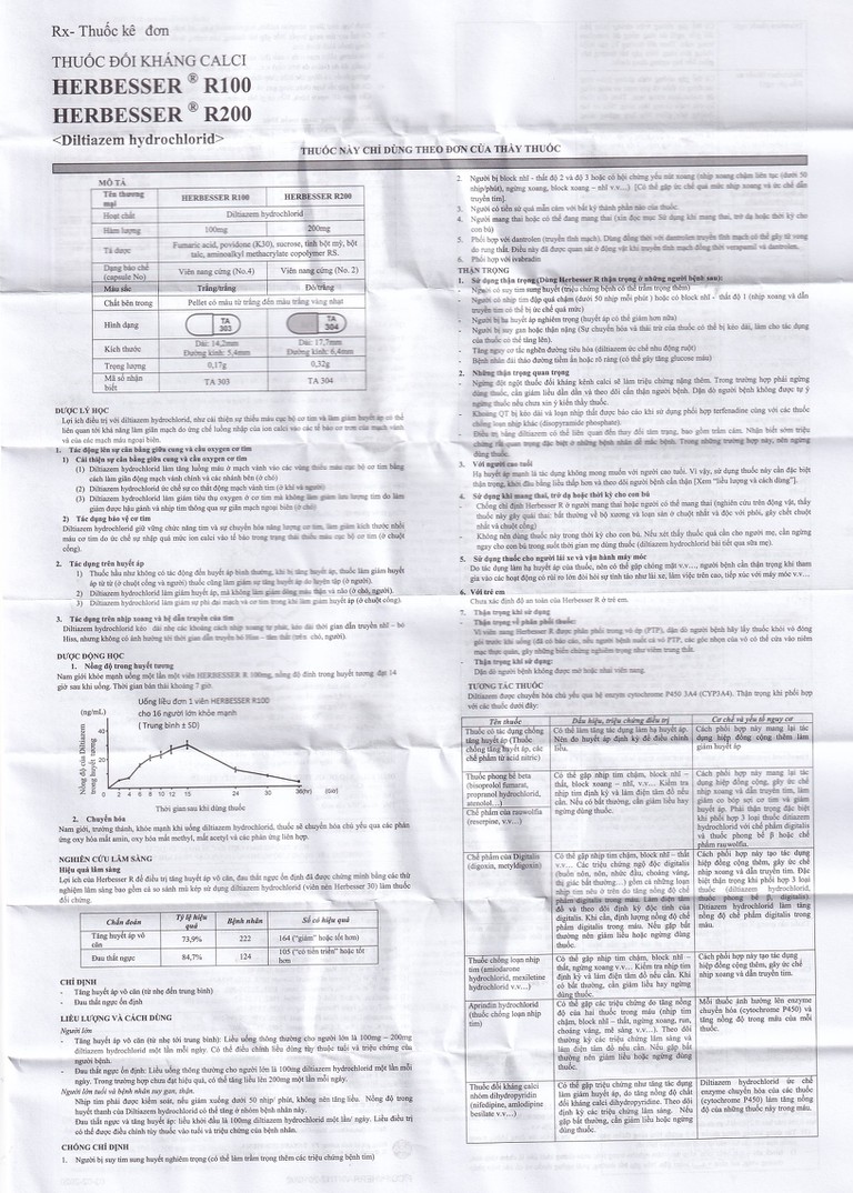 Thuốc Herbesser R200 điều trị tăng huyết áp vô căn, đau thắt ngực ổn định (10 vỉ x 10 viên)