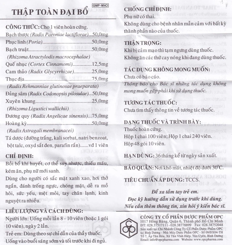 Thuốc Thập Toàn Đại Bổ OPC bồi bổ khí huyết, trị suy nhược cơ thể (240 viên)