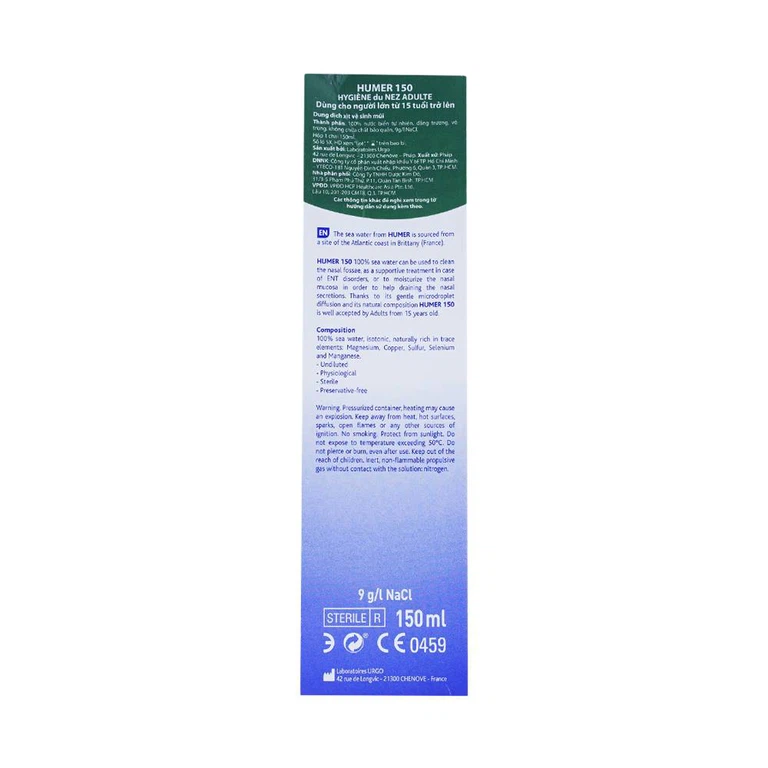 Dung dịch xịt mũi Humer 150 Nose Hygiene Urgo dùng để vệ sinh khoang mũi