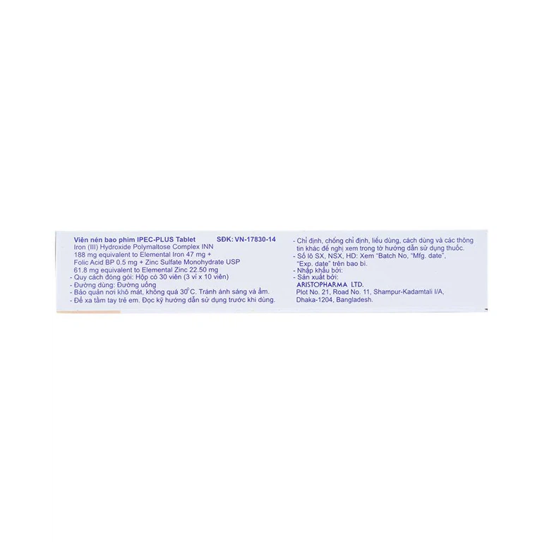 Thuốc Ipec-Plus Aristopharma điều trị thiếu sắt, acid folic và kẽm (3 vỉ x 10 viên)