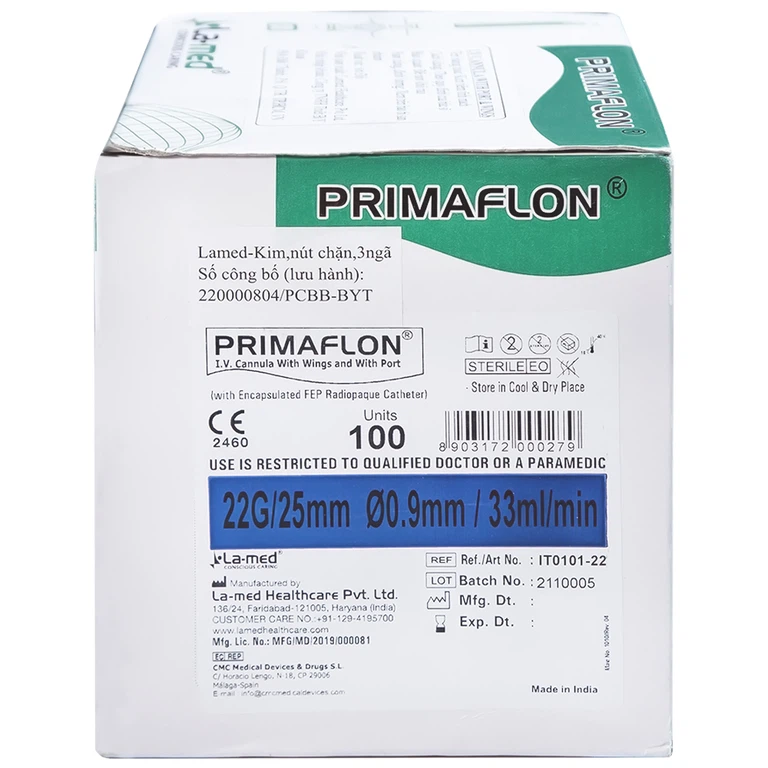 Kim tiêm tĩnh mạch 22g/25mm Primaflon Lamed hạn chế lệch vỡ vein khi dẫn truyền dịch (100 cây)