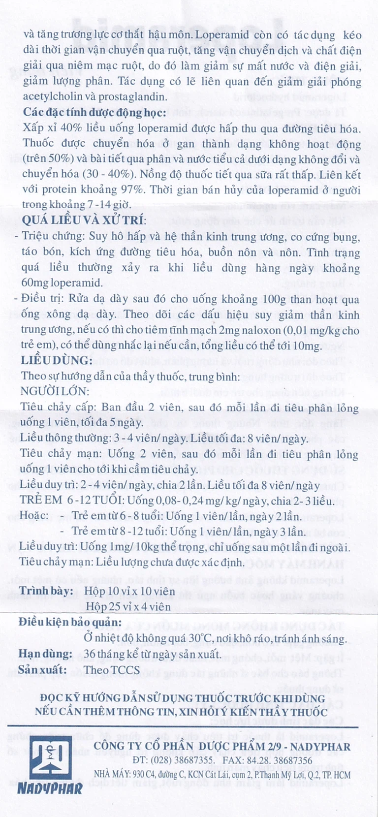 Viên nang cứng Loperamid 2mg Nadyphar điều trị triệu chứng tiêu chảy cấp tính và mạn tính (10 vỉ x 10 viên)