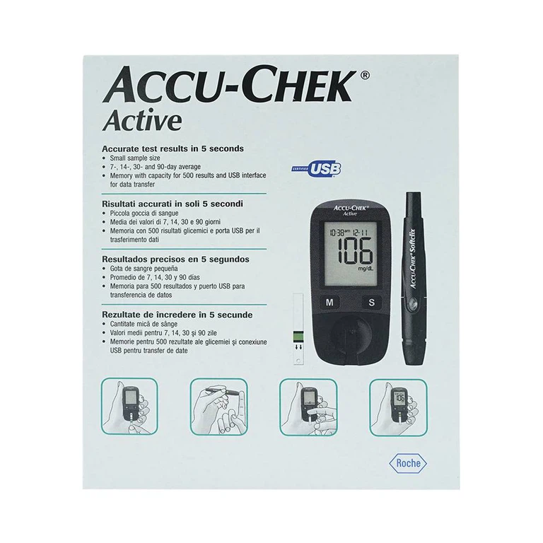 Máy đo đường huyết cầm tay Accu-Chek Active giúp kiểm tra lượng đường trong máu chính xác, nhanh chóng