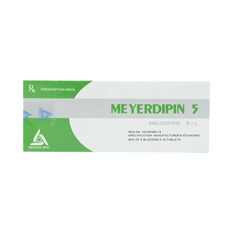 Viên nén Meyerdipin 5 Meyer - BPC điều trị tăng huyết áp nhẹ và vừa, đau thắt ngực ổn định (5 vỉ x 10 viên) 