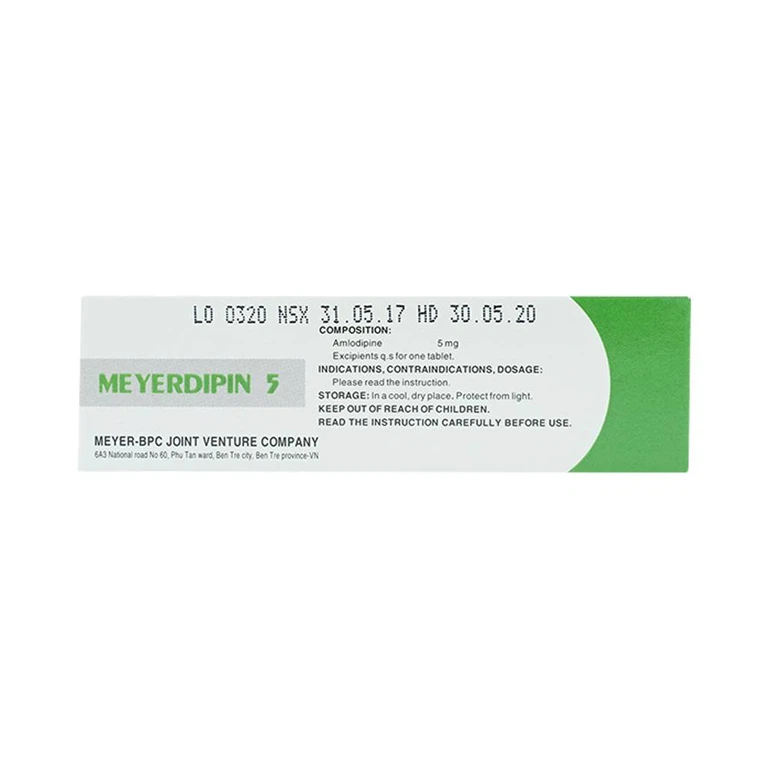 Viên nén Meyerdipin 5 Meyer - BPC điều trị tăng huyết áp nhẹ và vừa, đau thắt ngực ổn định (5 vỉ x 10 viên) 