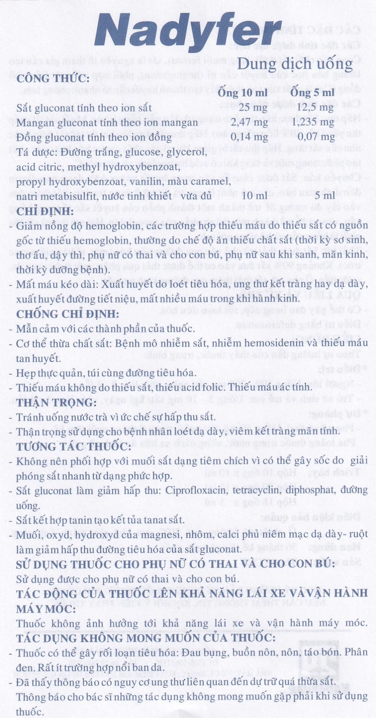 Dung dịch uống Nadyfer Nadyphar điều trị giảm nồng độ hemoglobin, mất máu kéo dài (2 vỉ x 10 ống)