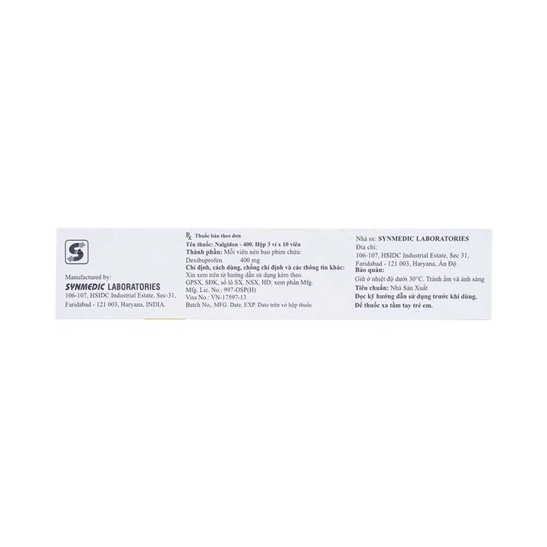 Viên nén Nalgidon-400 Synmedic điều trị thống kinh, nhức đầu, đau răng (3 vỉ x 10 viên)