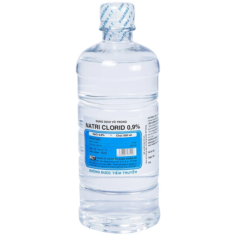 Dung dịch vô trùng Natri Clorid 0,9% Dược 3-2 rửa vết thương hở và kín, súc miệng (500ml)