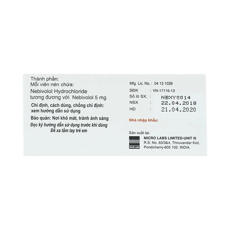 Thuốc Nebivox 5mg Micro điều trị tăng huyết áp (1 vỉ x 10 viên)