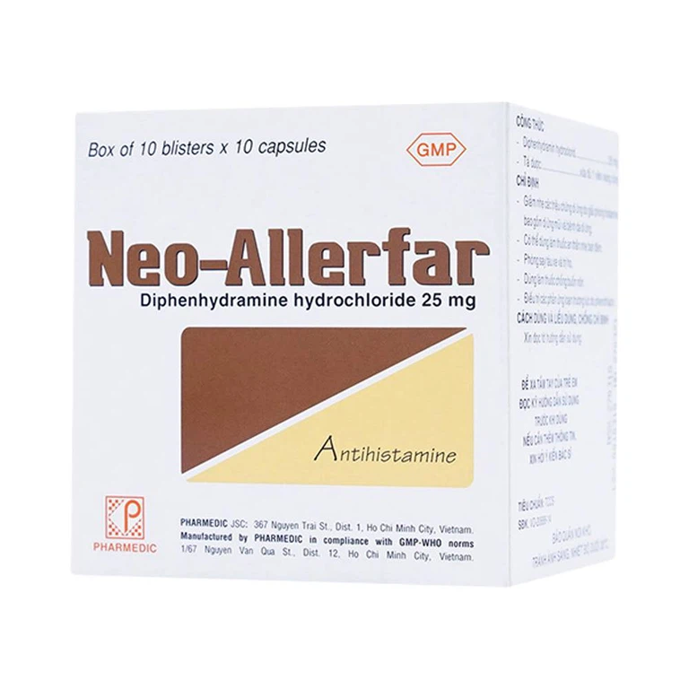 Viên nang cứng Neo-Allerfar 25mg Pharmedic giảm triệu chứng dị ứng mũi, viêm da dị ứng (10 vỉ x 10 viên)