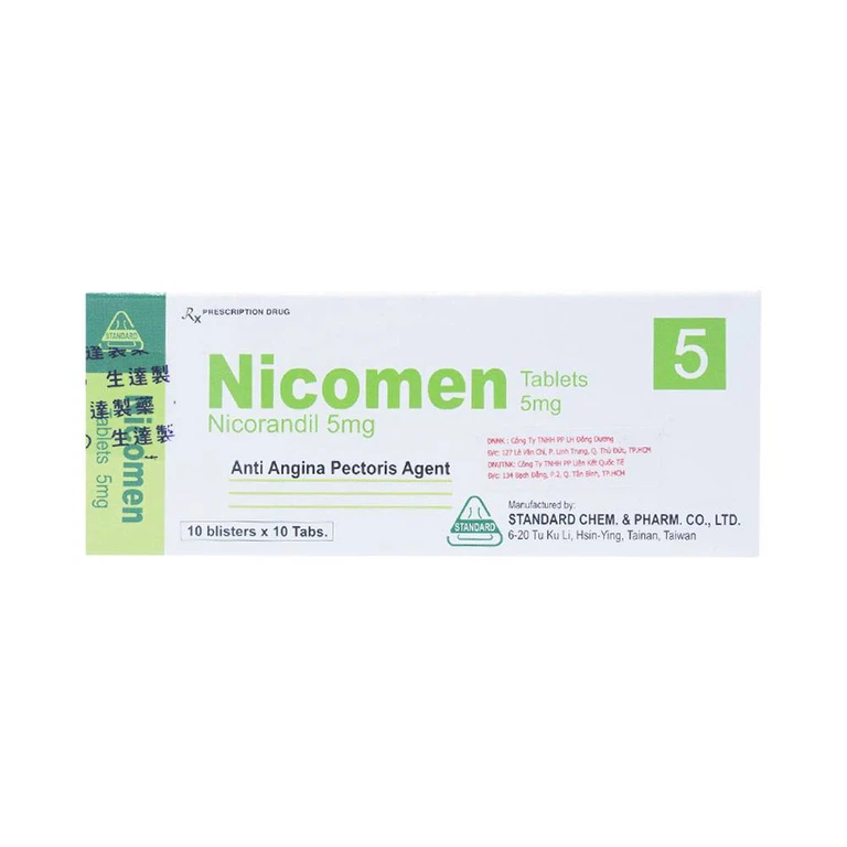 Viên nén Nicomen 5mg Standard Chem And Pharm điều trị đau thắt ngực (10 vỉ x 10 viên)
