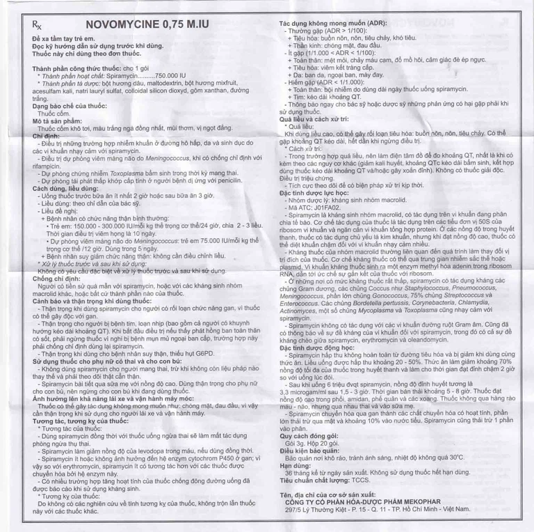 Thuốc cốm Novomycine 0,75 M.IU Mekophar điều trị nhiễm khuẩn đường hô hấp, da và sinh dục (20 gói x 3g)