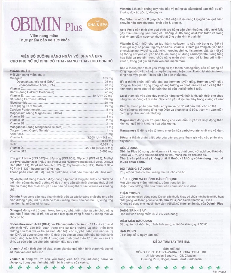 Viên uống Obimin Plus bổ sung các vitamin và khoáng chất (6 vỉ x 5 viên)