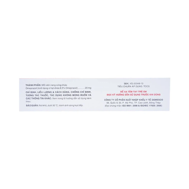 Viên nang cứng Omeprazol 20mg Domesco điều trị trào ngược dạ dày - thực quản (10 vỉ x 10 viên)