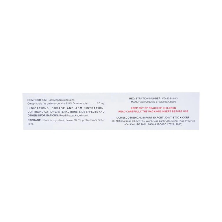 Viên nang cứng Omeprazol 20mg Domesco điều trị trào ngược dạ dày - thực quản (10 vỉ x 10 viên)