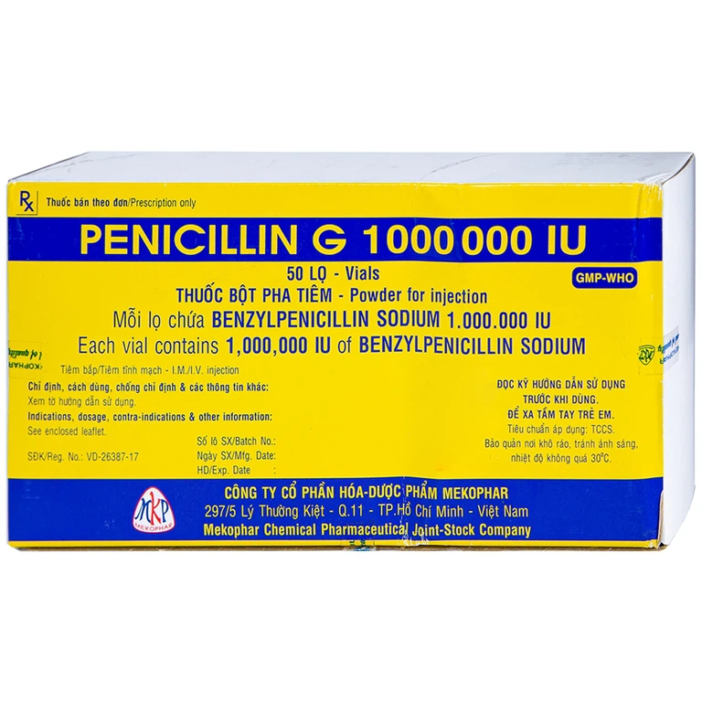 Bột pha tiêm Penicillin G 1 000 000 IU Mekophar điều trị các chứng nhiễm khuẩn (50 lọ)	