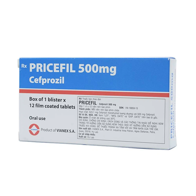 Thuốc Pricefil 500mg Vianex điều trị nhiễm khuẩn đường hô hấp (1 vỉ x 12 viên)