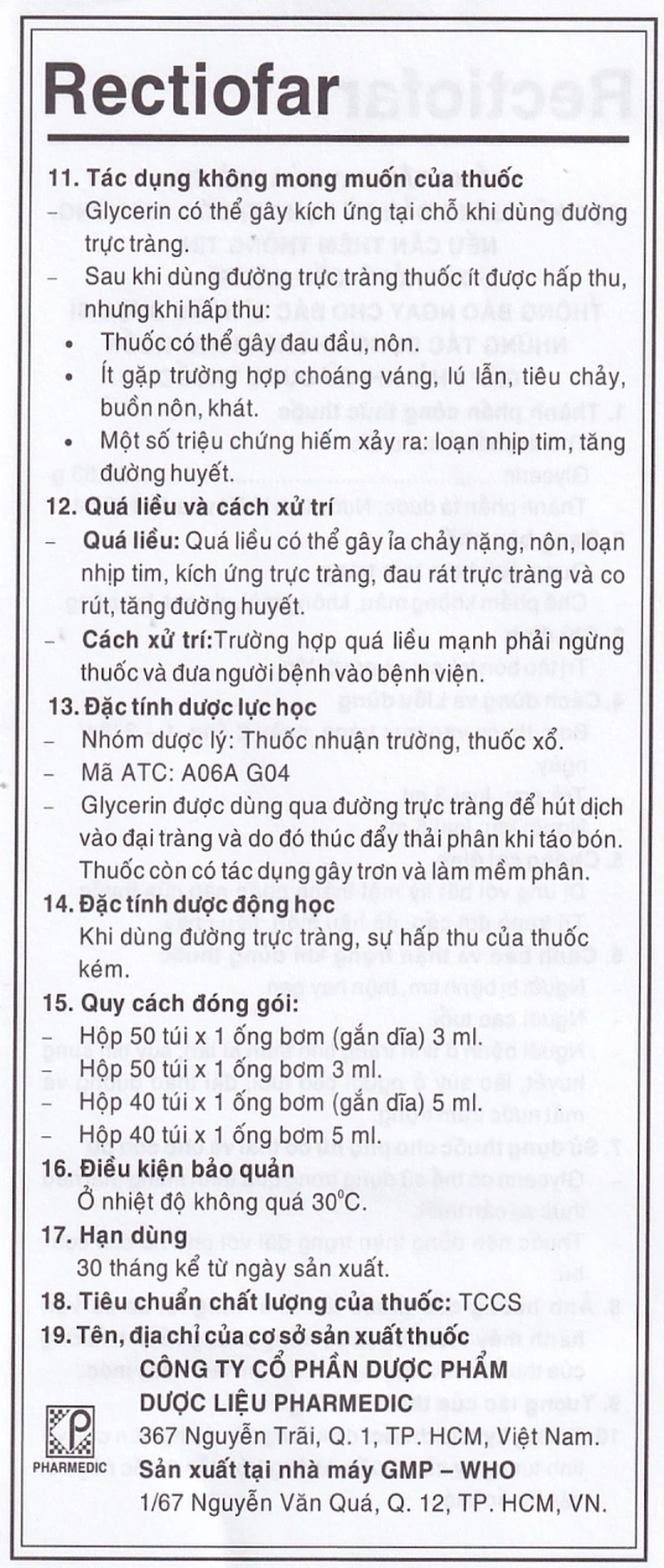 Dung dịch Rectiofar Pharmedic điều trị táo bón (50 túi x 1 ống bơm 3ml)