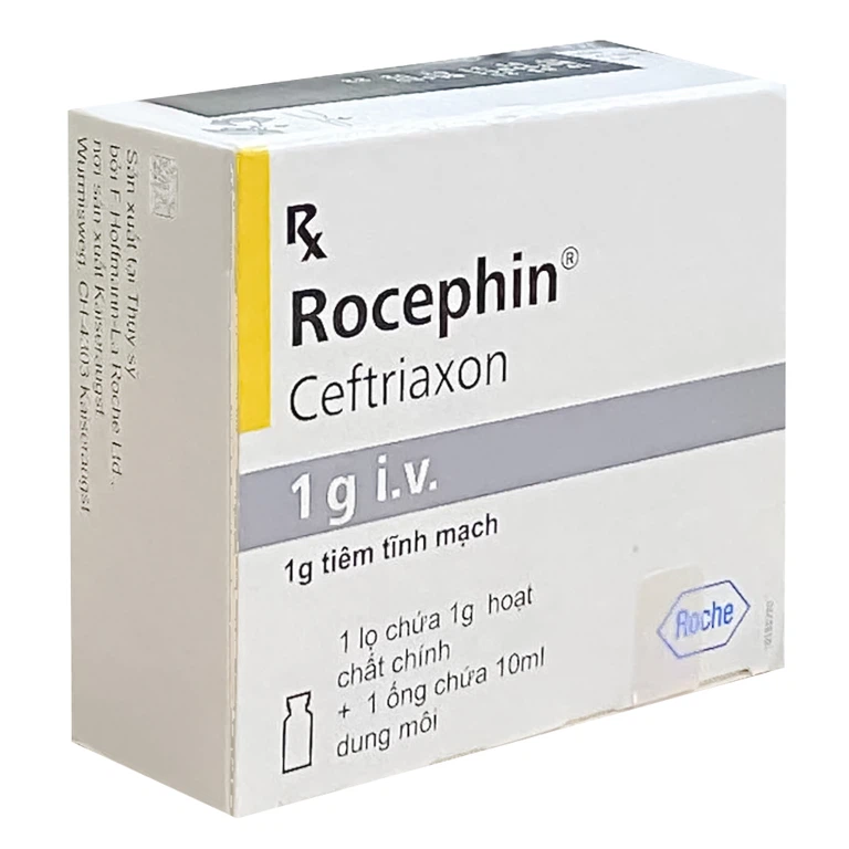 Bột pha tiêm Rocephin F.Hoffmann-La Roche điều trị nhiễm khuẩn huyết, viêm màng não (lọ 1g + ống 10ml) 