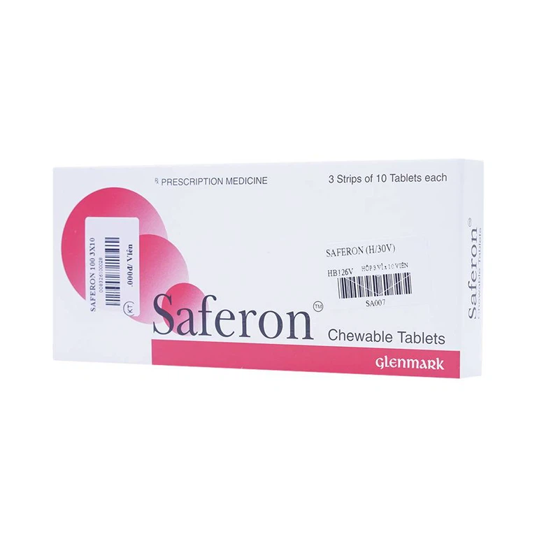 Viên nhai Saferon Glenmark dự phòng và điều trị chứng thiếu máu thiếu sắt (3 vỉ x 10 viên)