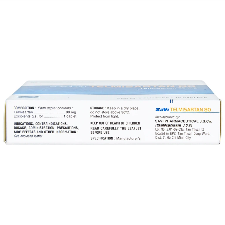 Thuốc Savi Telmisartan 80 điều trị tăng huyết áp (3 vỉ x 10 viên) 