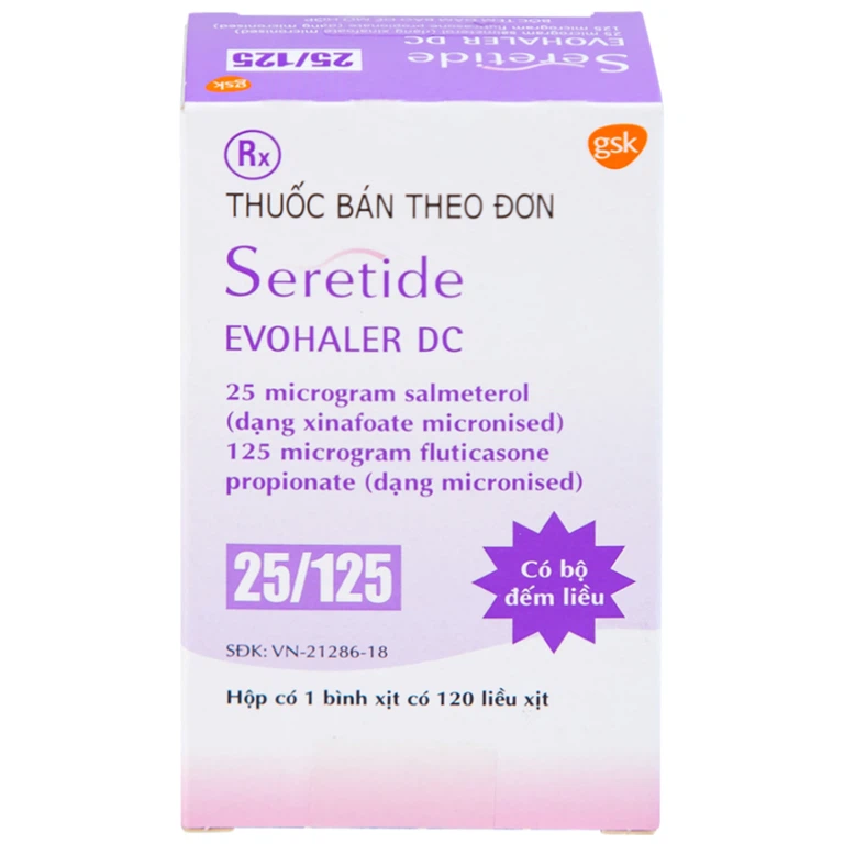 Khí dung Seretide Evohaler DC 25/125 Gsk điều trị hen phế quản, tắc nghẽn phổi mạn tính (120 liều)
