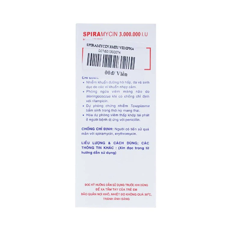 Thuốc Spiramycin 3.000.000 I.U Vidipha điều trị nhiễm khuẩn đường hô hấp (10 viên)